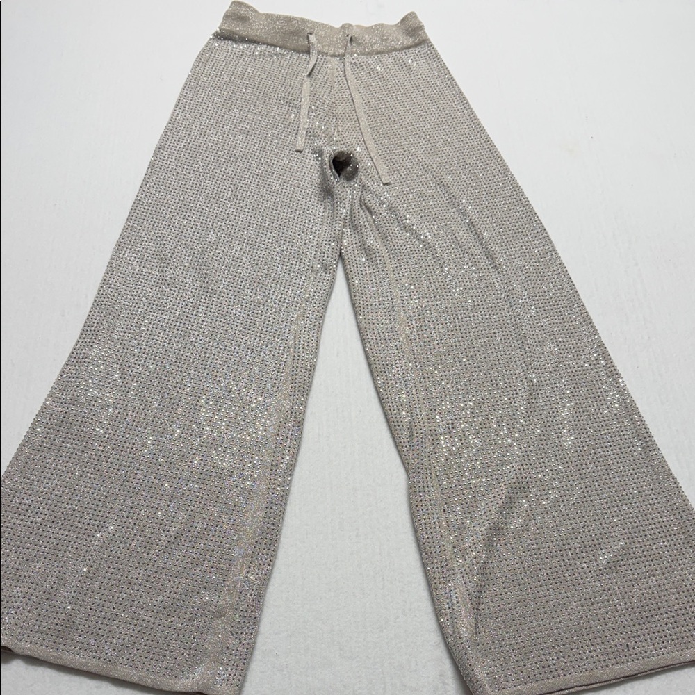 Ontwelfth Shimmering Sparkly Knit Wide-Leg Pants Silver Lace-Up Womens Small